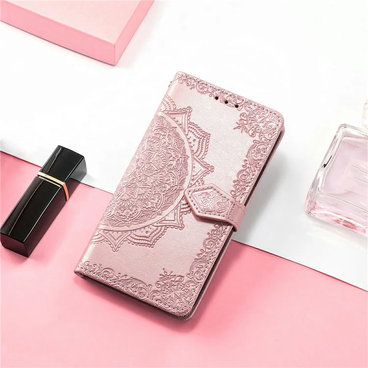 Custodia portafoglio per Oppo A3x 5G con fiore mandala, custodia in pelle per telefono con supporto e vista - Oro rosa