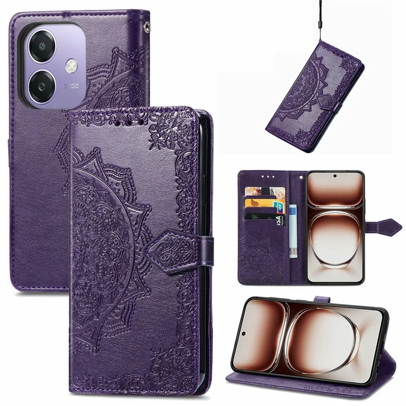 For Oppo A3x 5G Wallet Case Mandala Flower Leather Phone Cover Stand View - Purple