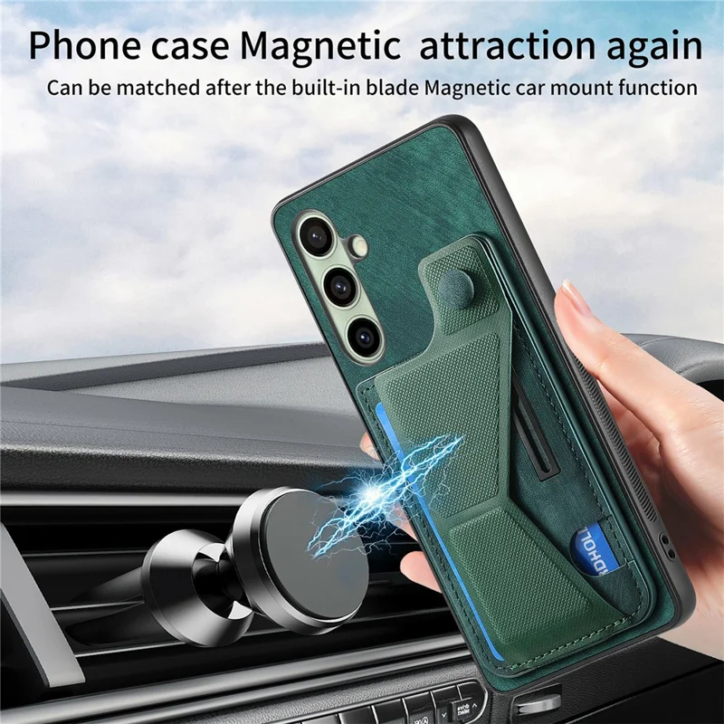 For Samsung Galaxy S24 FE Case Retro Leather Back Cover Card Slot Side Kickstand - Green