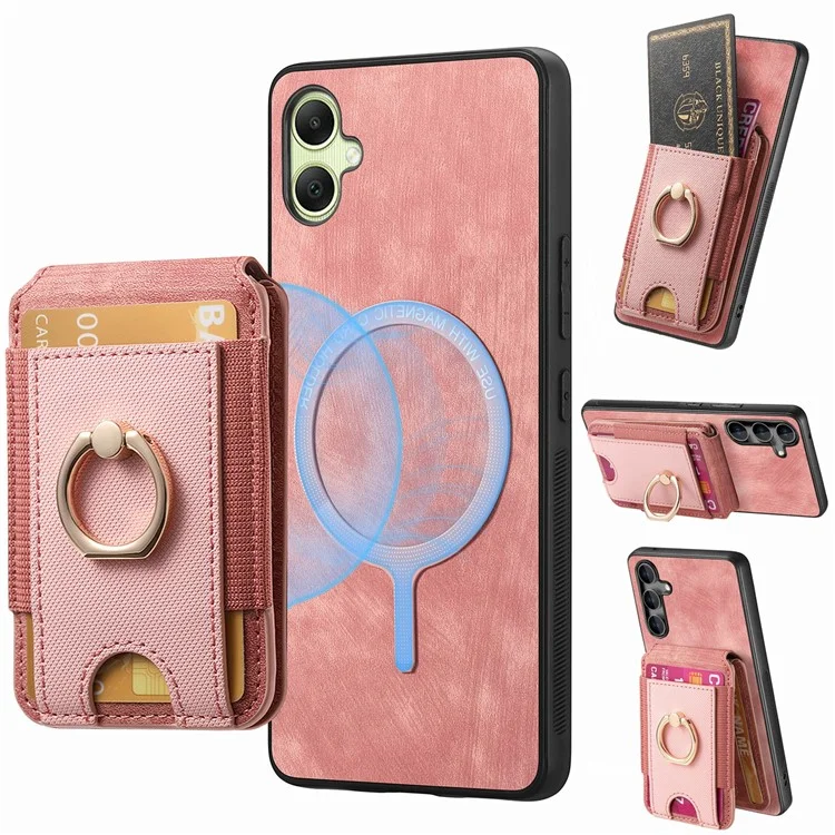 For Samsung Galaxy A06 4G Case with Detachable Card Holder Kickstand Leather Back Cover - Pink