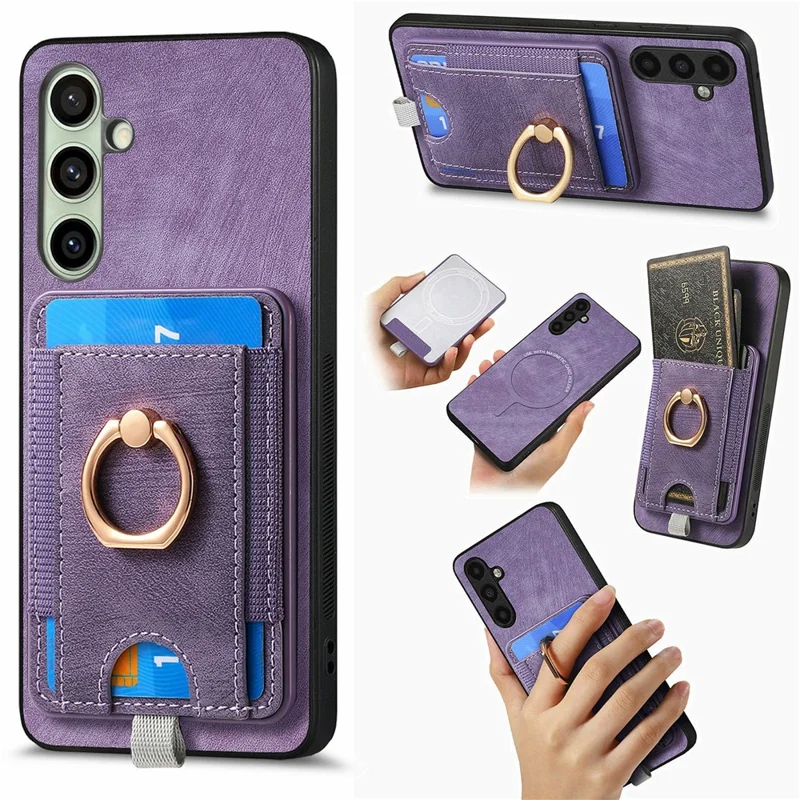 For Samsung Galaxy S24 FE Magnetic Case Card Holder Ring Kickstand PU Leather Phone Back Cover - Purple