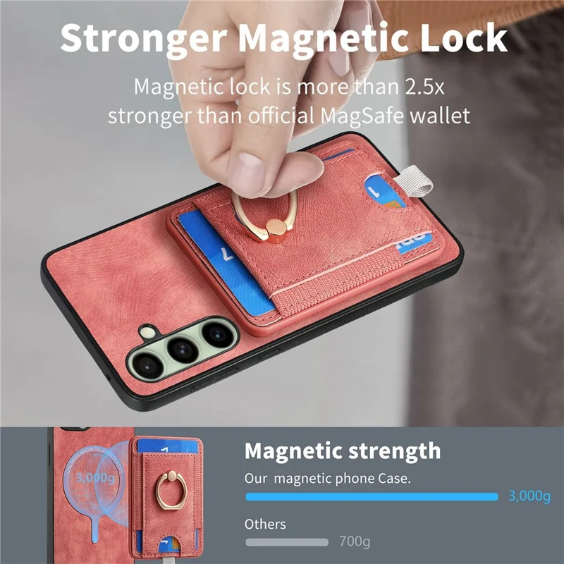 For Samsung Galaxy S24 FE Magnetic Case Card Holder Ring Kickstand PU Leather Phone Back Cover - Purple
