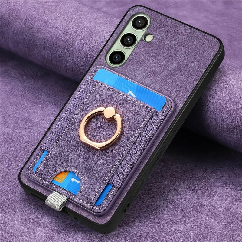 For Samsung Galaxy S24 FE Magnetic Case Card Holder Ring Kickstand PU Leather Phone Back Cover - Purple