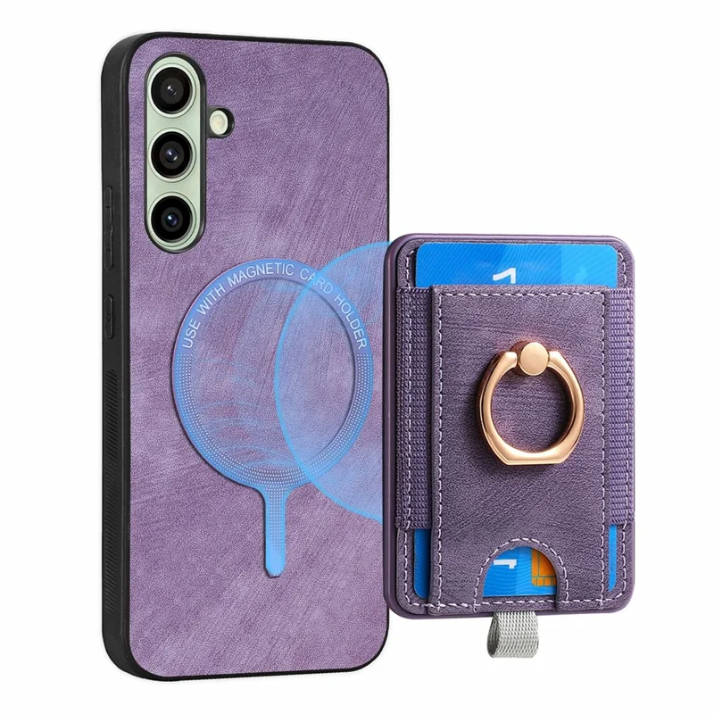 For Samsung Galaxy S24 FE Magnetic Case Card Holder Ring Kickstand PU Leather Phone Back Cover - Purple