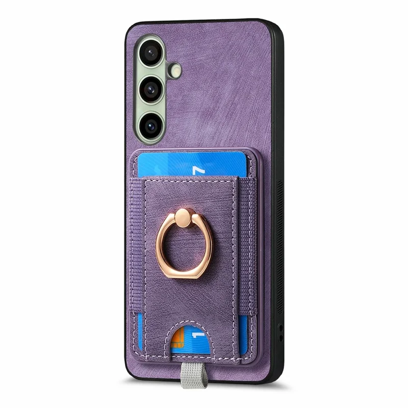 For Samsung Galaxy S24 FE Magnetic Case Card Holder Ring Kickstand PU Leather Phone Back Cover - Purple