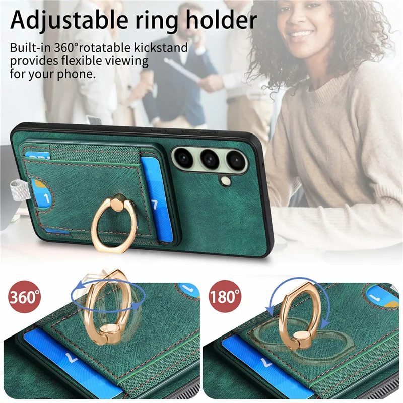 For Samsung Galaxy S24 FE Magnetic Case Card Holder Ring Kickstand PU Leather Phone Back Cover - Black