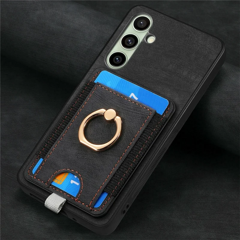 For Samsung Galaxy S24 FE Magnetic Case Card Holder Ring Kickstand PU Leather Phone Back Cover - Black
