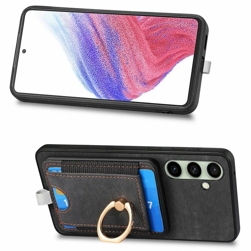For Samsung Galaxy S24 FE Magnetic Case Card Holder Ring Kickstand PU Leather Phone Back Cover - Black