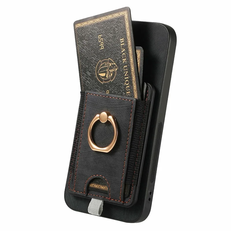 For Samsung Galaxy S24 FE Magnetic Case Card Holder Ring Kickstand PU Leather Phone Back Cover - Black