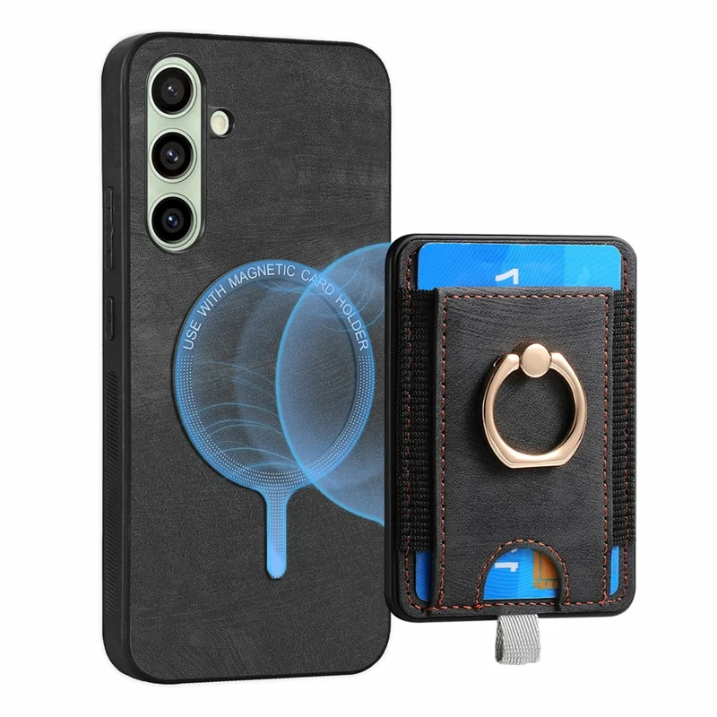 For Samsung Galaxy S24 FE Magnetic Case Card Holder Ring Kickstand PU Leather Phone Back Cover - Black