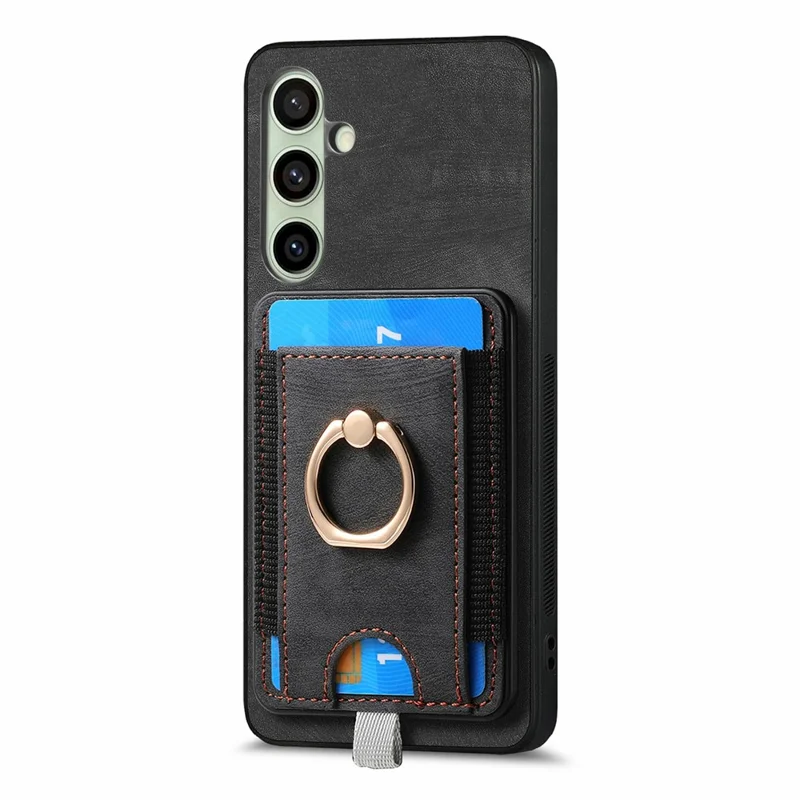 For Samsung Galaxy S24 FE Magnetic Case Card Holder Ring Kickstand PU Leather Phone Back Cover - Black