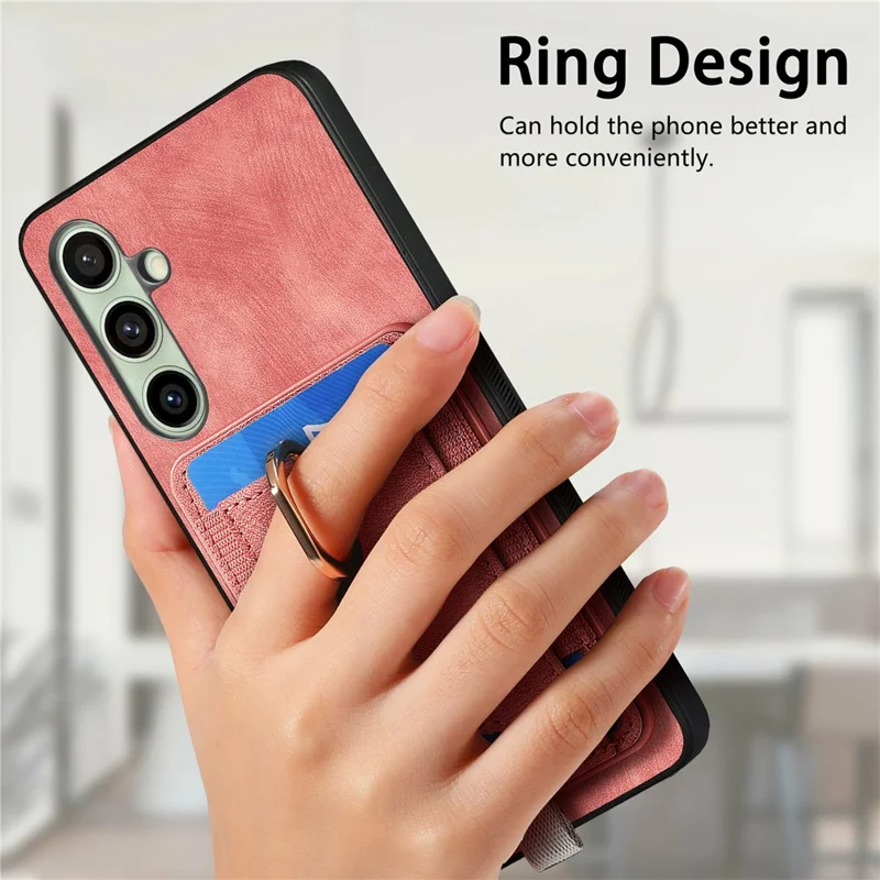 For Samsung Galaxy S24 FE Magnetic Case Card Holder Ring Kickstand PU Leather Phone Back Cover - Black