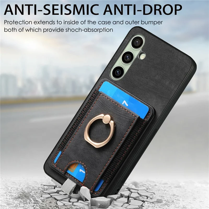 For Samsung Galaxy S24 FE Magnetic Case Card Holder Ring Kickstand PU Leather Phone Back Cover - Black