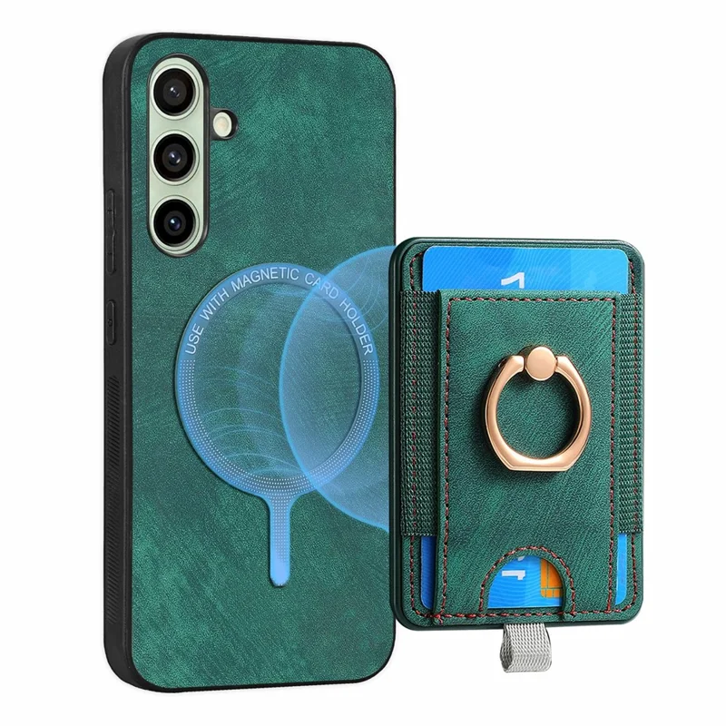 For Samsung Galaxy S24 FE Magnetisk Case med Kortholder, Ring og Støtte, PU Læder Telefonbeskyttelse - Grøn