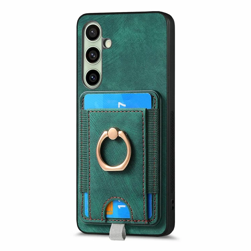 For Samsung Galaxy S24 FE Magnetisk Case med Kortholder, Ring og Støtte, PU Læder Telefonbeskyttelse - Grøn