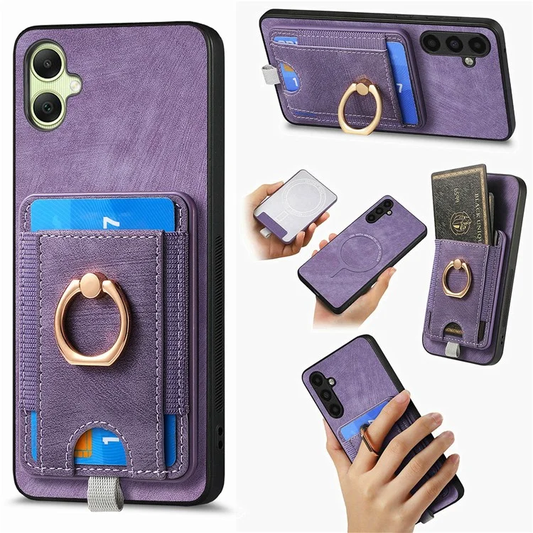 Für Samsung Galaxy A06 Magnetische Hülle Kartenfach Ring Kickstand PU Leder Handyhülle - Lila