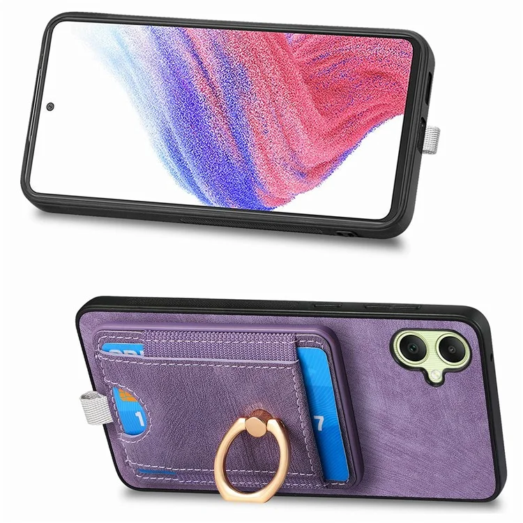 Für Samsung Galaxy A06 Magnetische Hülle Kartenfach Ring Kickstand PU Leder Handyhülle - Lila