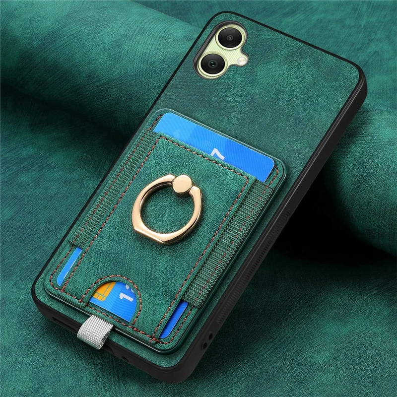 For Samsung Galaxy A06 4G Magnetic Case Card Holder Ring Kickstand PU Leather Phone Back Cover - Green