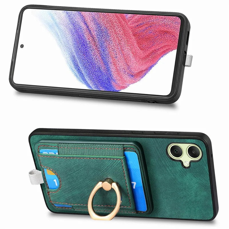 For Samsung Galaxy A06 4G Magnetic Case Card Holder Ring Kickstand PU Leather Phone Back Cover - Green