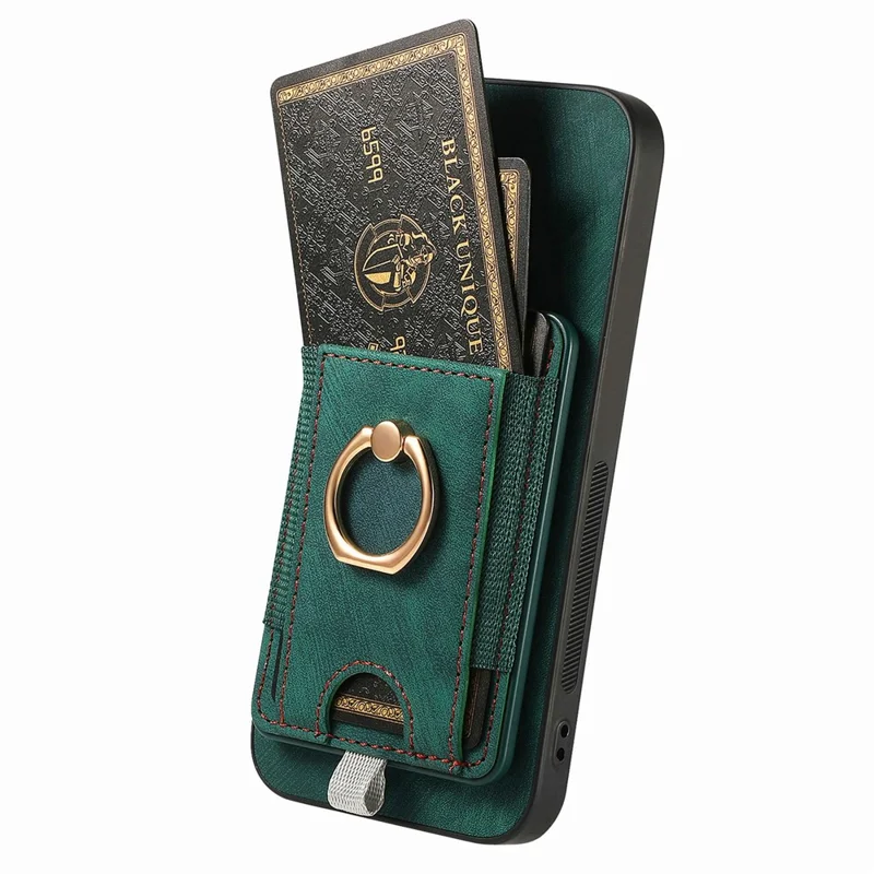 For Samsung Galaxy A06 4G Magnetic Case Card Holder Ring Kickstand PU Leather Phone Back Cover - Green