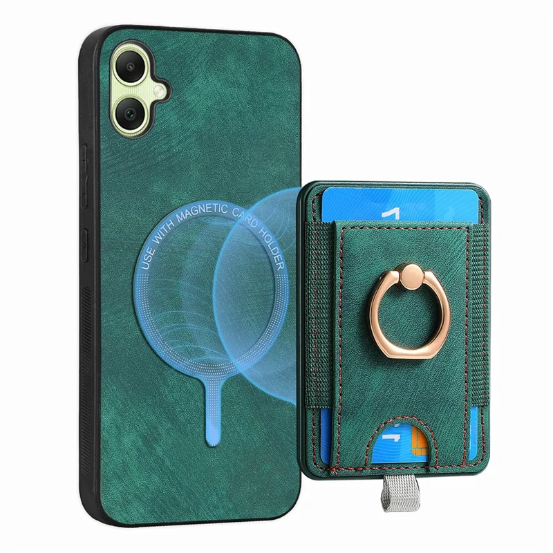 For Samsung Galaxy A06 4G Magnetic Case Card Holder Ring Kickstand PU Leather Phone Back Cover - Green