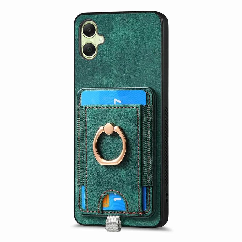 For Samsung Galaxy A06 4G Magnetic Case Card Holder Ring Kickstand PU Leather Phone Back Cover - Green