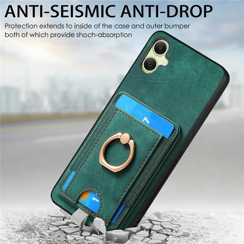For Samsung Galaxy A06 4G Magnetic Case Card Holder Ring Kickstand PU Leather Phone Back Cover - Green
