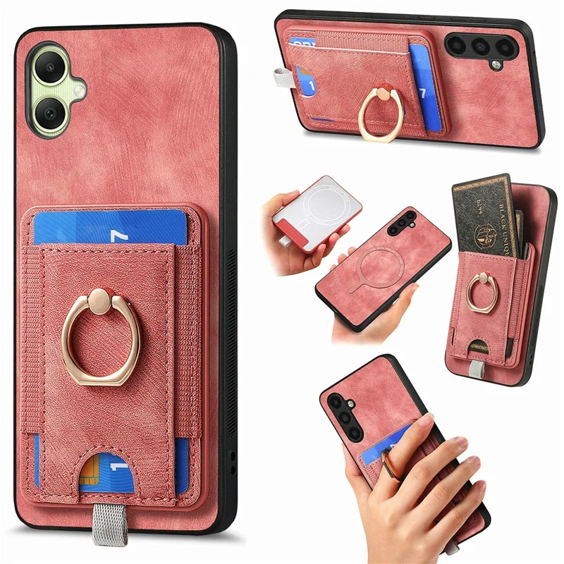 For Samsung Galaxy A06 4G Magnetic Case Card Holder Ring Kickstand PU Leather Phone Back Cover - Pink