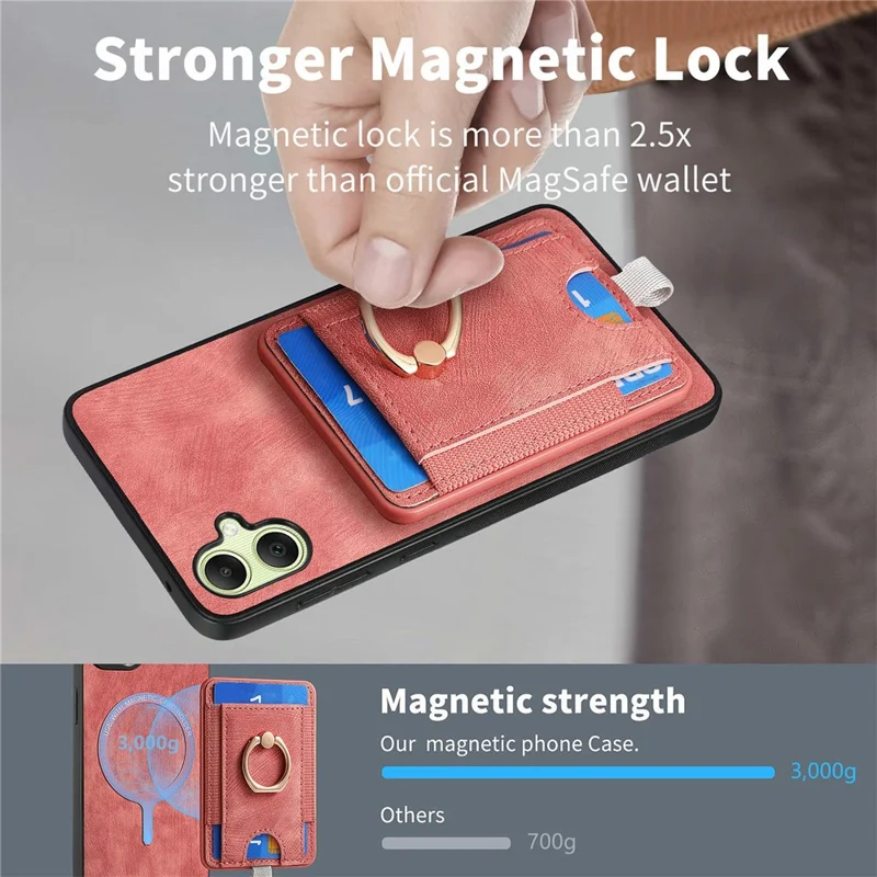 For Samsung Galaxy A06 4G Magnetic Case Card Holder Ring Kickstand PU Leather Phone Back Cover - Pink