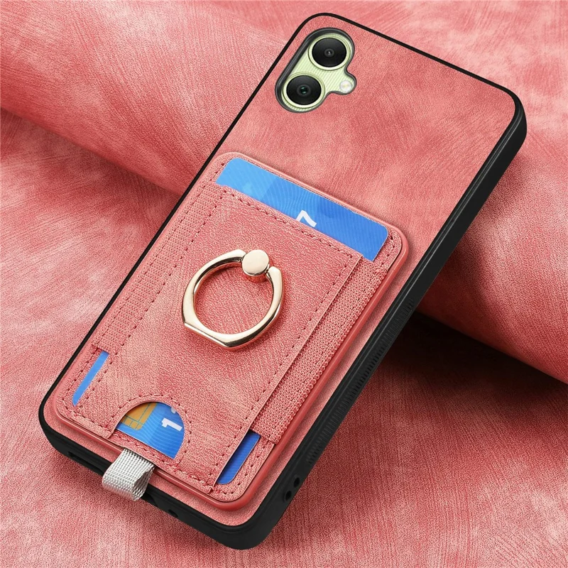 For Samsung Galaxy A06 4G Magnetic Case Card Holder Ring Kickstand PU Leather Phone Back Cover - Pink