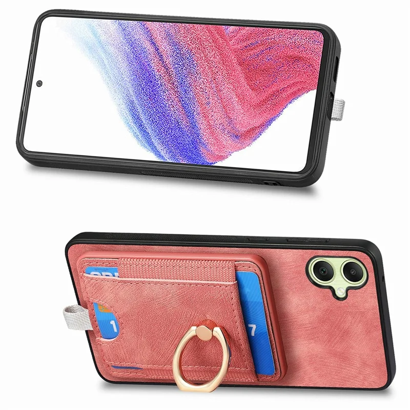 For Samsung Galaxy A06 4G Magnetic Case Card Holder Ring Kickstand PU Leather Phone Back Cover - Pink