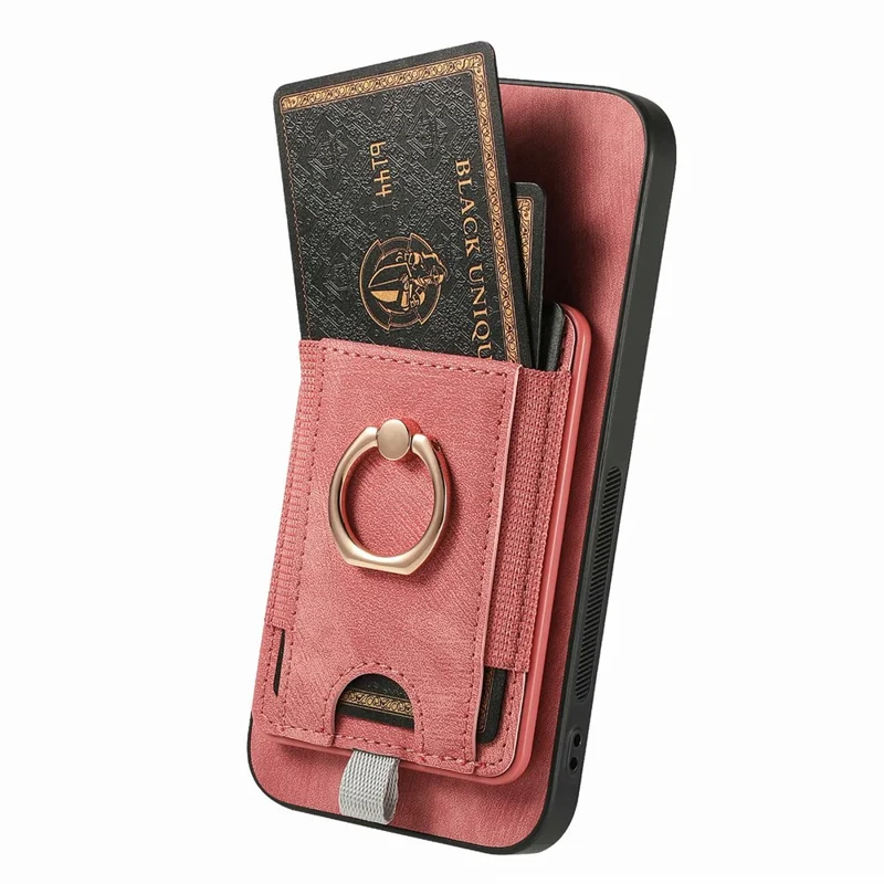 For Samsung Galaxy A06 4G Magnetic Case Card Holder Ring Kickstand PU Leather Phone Back Cover - Pink