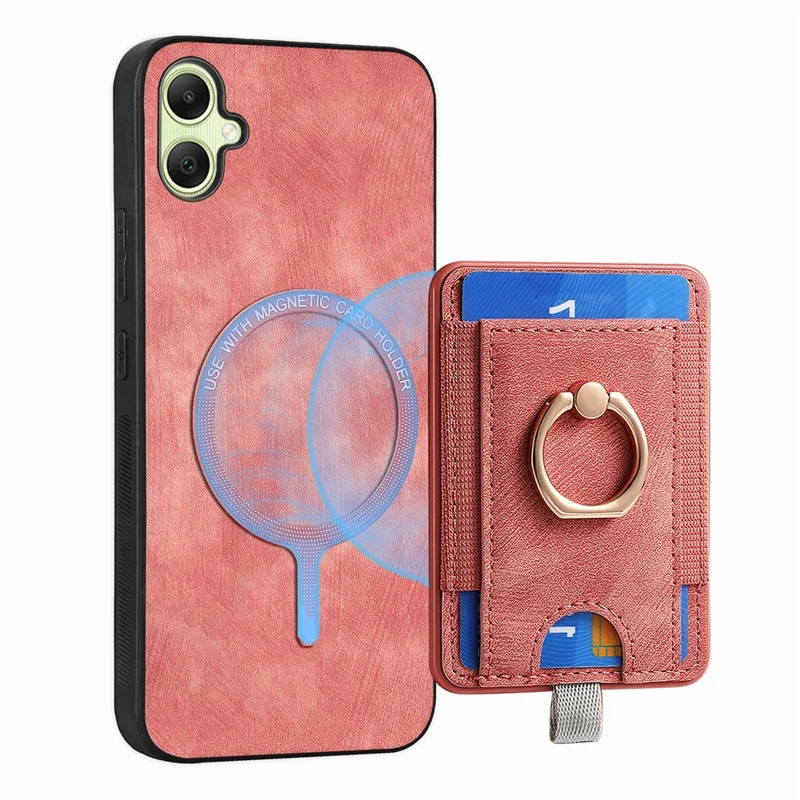 For Samsung Galaxy A06 4G Magnetic Case Card Holder Ring Kickstand PU Leather Phone Back Cover - Pink