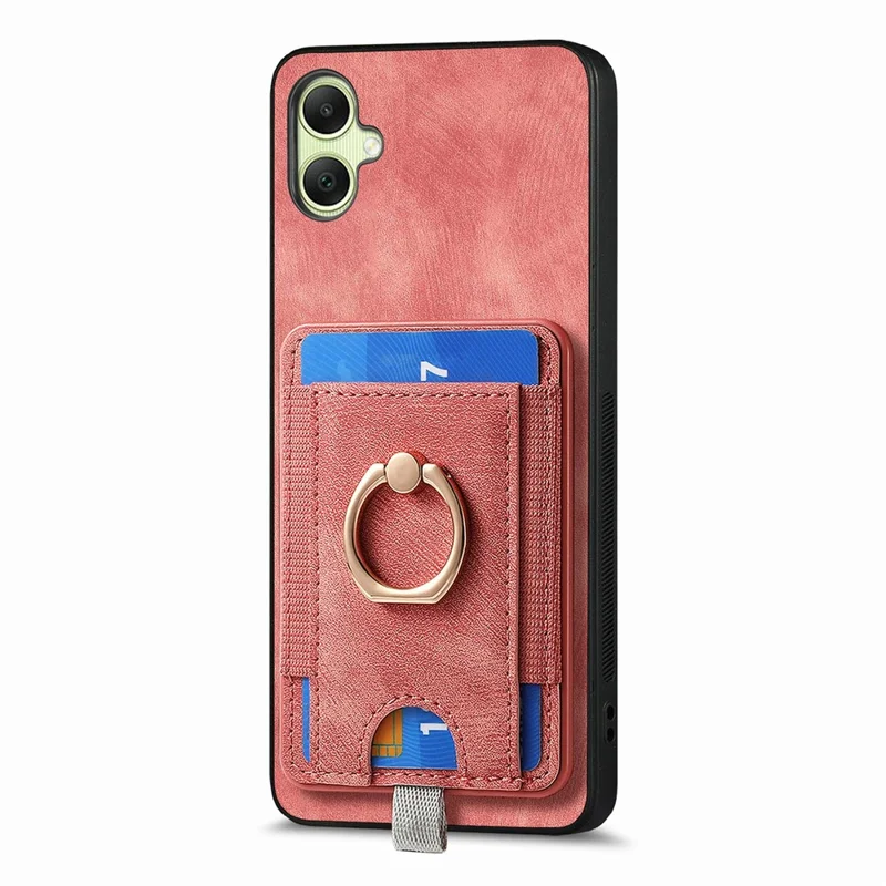 For Samsung Galaxy A06 4G Magnetic Case Card Holder Ring Kickstand PU Leather Phone Back Cover - Pink