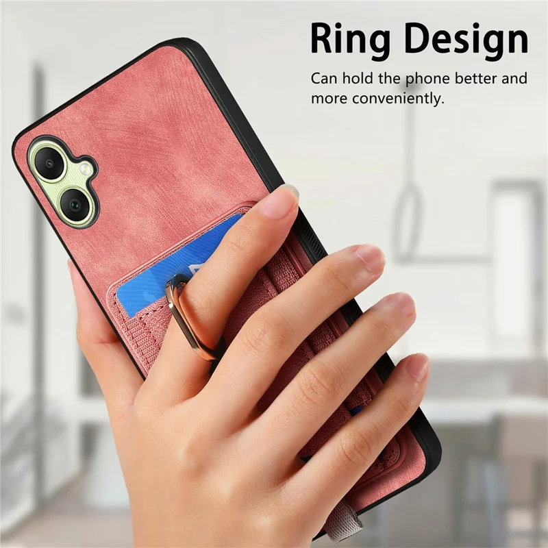 For Samsung Galaxy A06 4G Magnetic Case Card Holder Ring Kickstand PU Leather Phone Back Cover - Pink