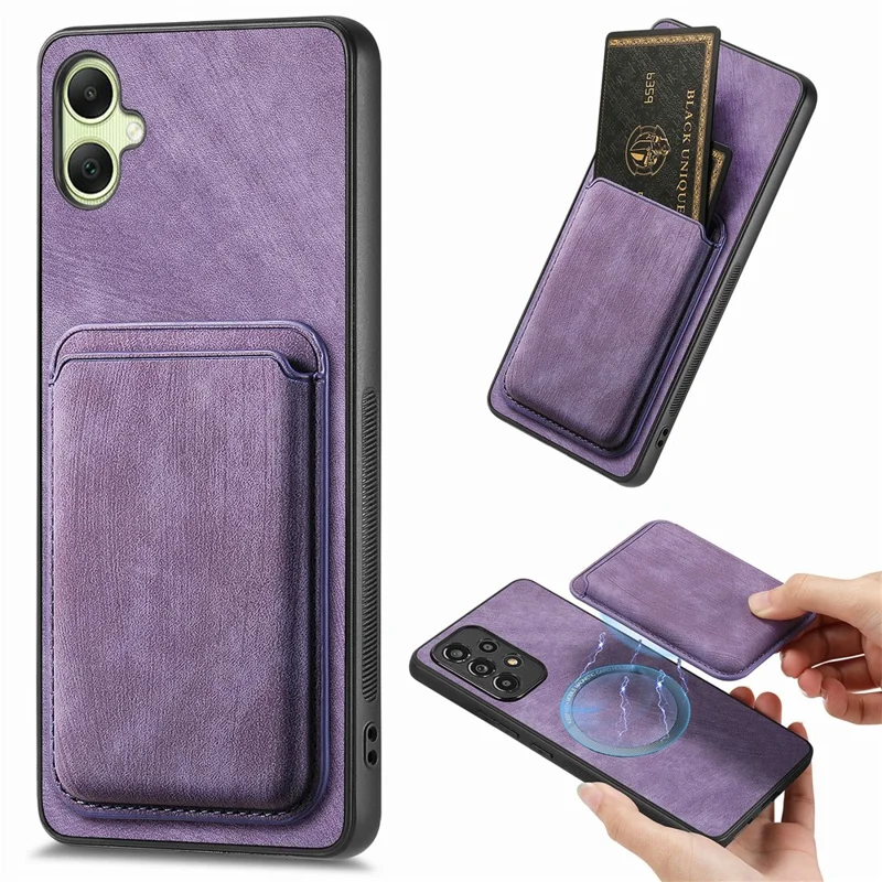 For Samsung Galaxy A06 4G Case Leather+TPU Retro Phone Cover with Detachable Card Slot - Purple