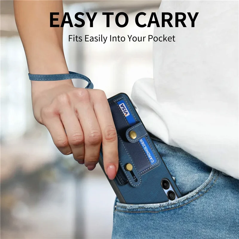For Samsung Galaxy A16 4G / 5G Case Wristband Kickstand PU Leather Retro Back Cover Card Holder - Blue