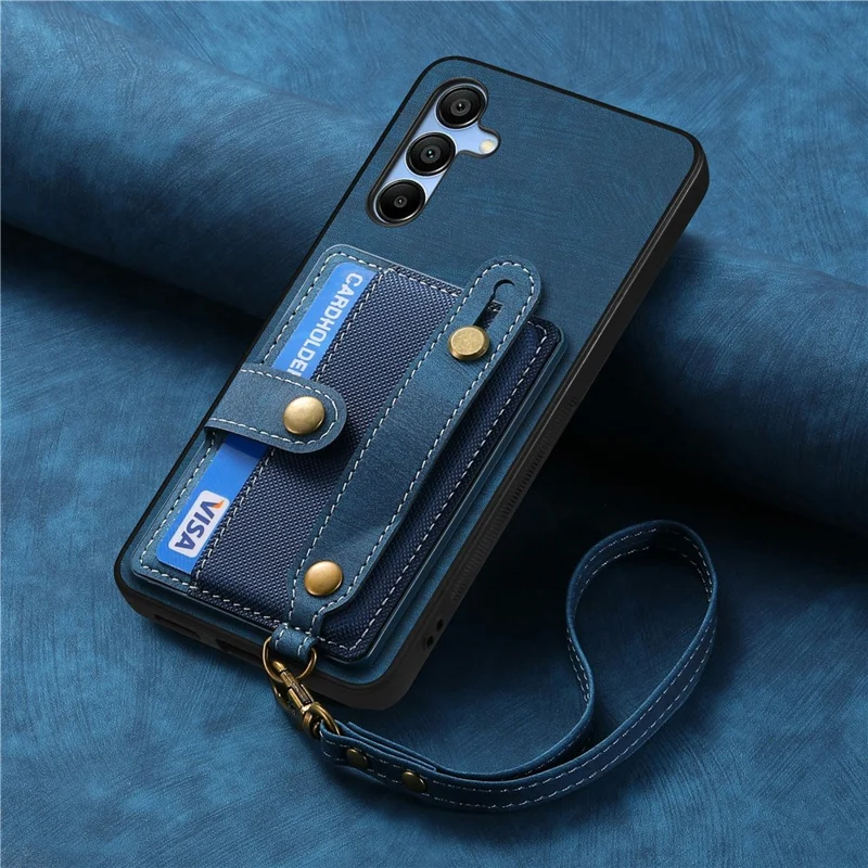 For Samsung Galaxy A16 4G / 5G Case Wristband Kickstand PU Leather Retro Back Cover Card Holder - Blue