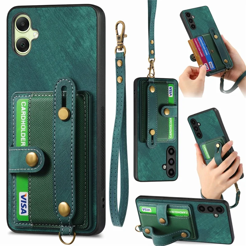 For Samsung Galaxy A06 4G Case Wristband Kickstand PU Leather Retro Back Cover Card Holder - Green