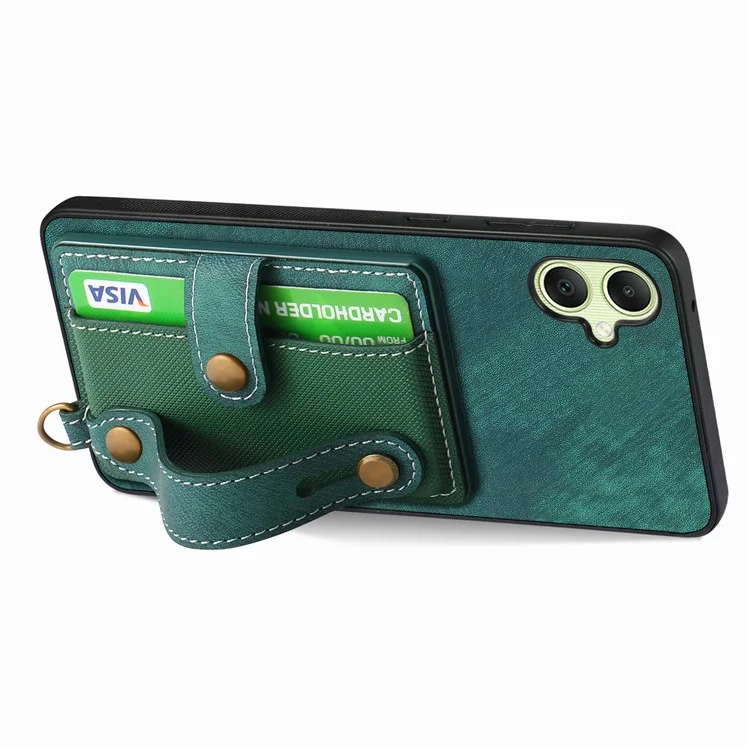 For Samsung Galaxy A06 4G Case Wristband Kickstand PU Leather Retro Back Cover Card Holder - Green