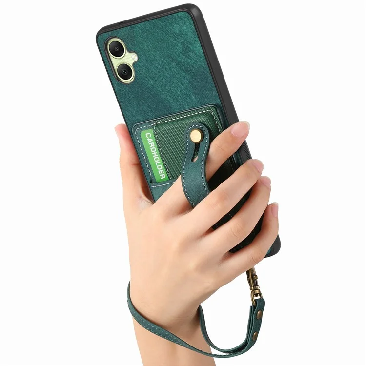 For Samsung Galaxy A06 4G Case Wristband Kickstand PU Leather Retro Back Cover Card Holder - Green