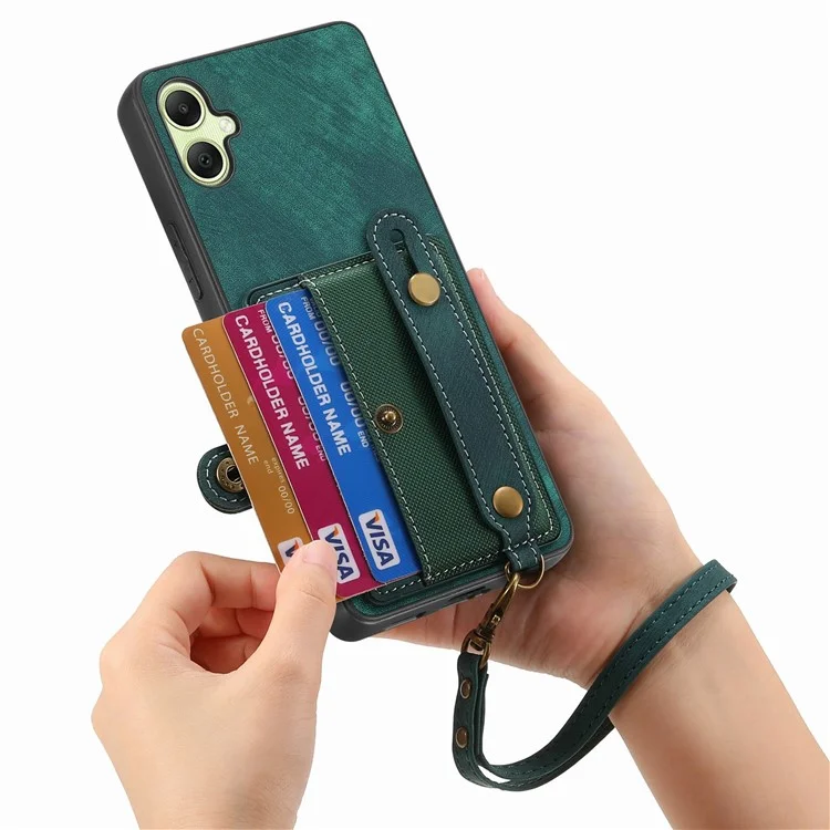 For Samsung Galaxy A06 4G Case Wristband Kickstand PU Leather Retro Back Cover Card Holder - Green
