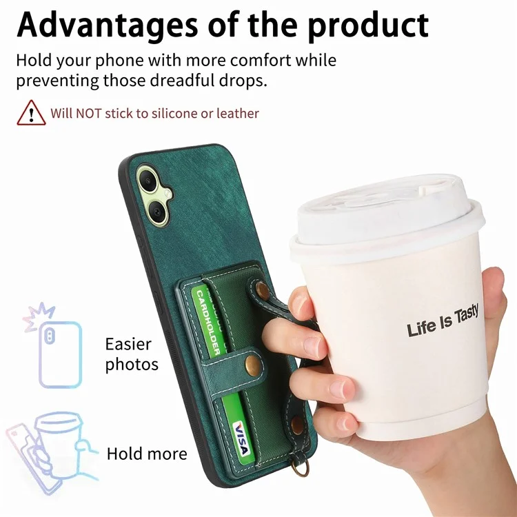 For Samsung Galaxy A06 4G Case Wristband Kickstand PU Leather Retro Back Cover Card Holder - Green