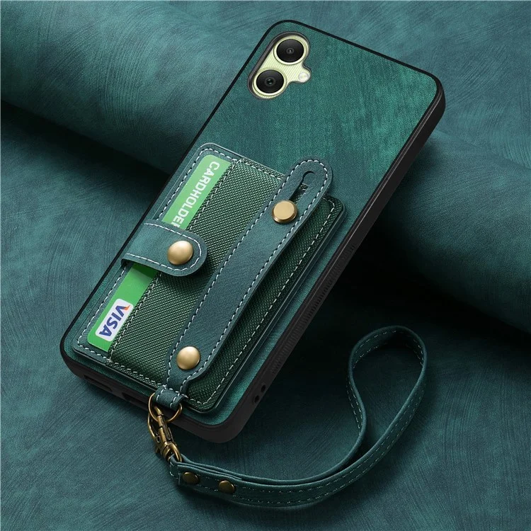 For Samsung Galaxy A06 4G Case Wristband Kickstand PU Leather Retro Back Cover Card Holder - Green