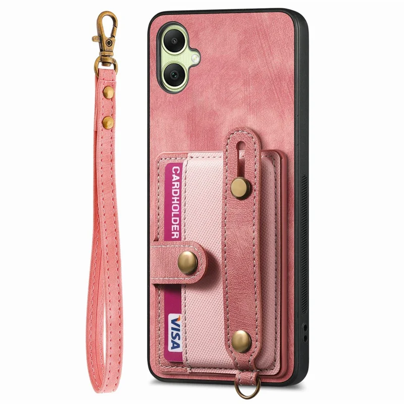 For Samsung Galaxy A06 4G Case Wristband Kickstand PU Leather Retro Back Cover Card Holder - Pink