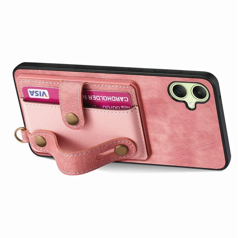 For Samsung Galaxy A06 4G Case Wristband Kickstand PU Leather Retro Back Cover Card Holder - Pink