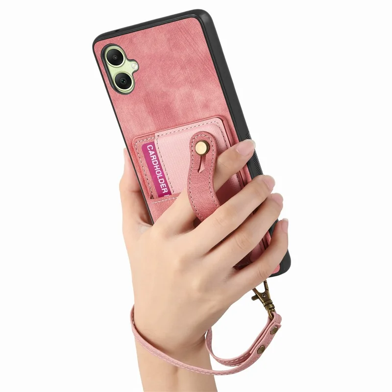 For Samsung Galaxy A06 4G Case Wristband Kickstand PU Leather Retro Back Cover Card Holder - Pink