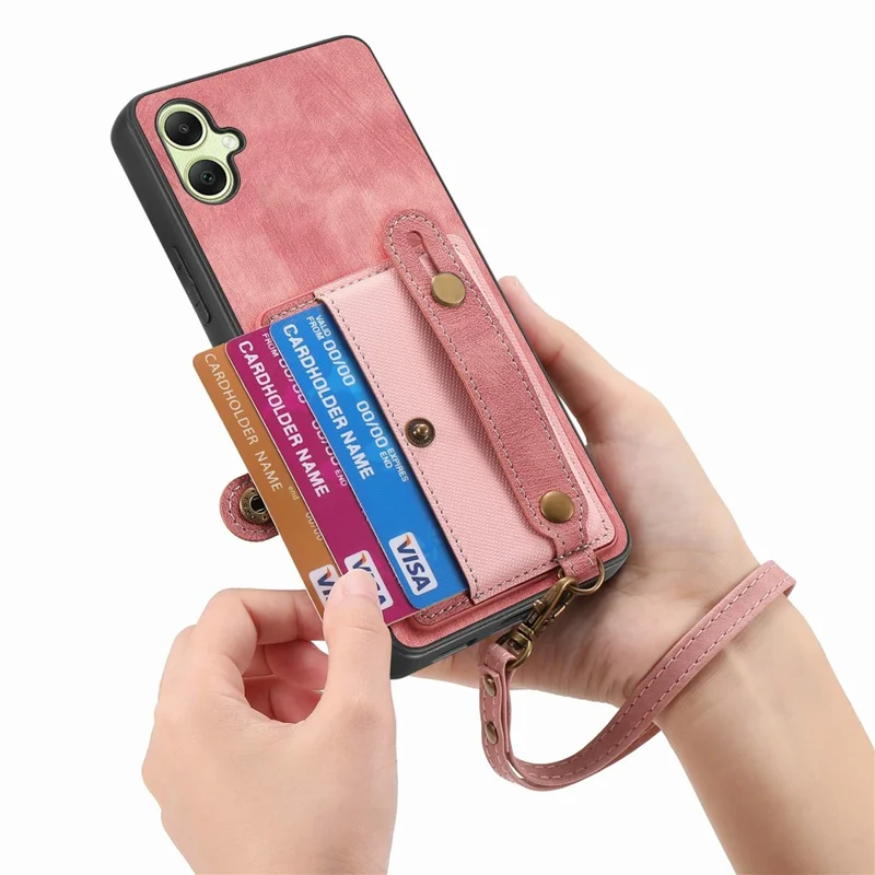 For Samsung Galaxy A06 4G Case Wristband Kickstand PU Leather Retro Back Cover Card Holder - Pink