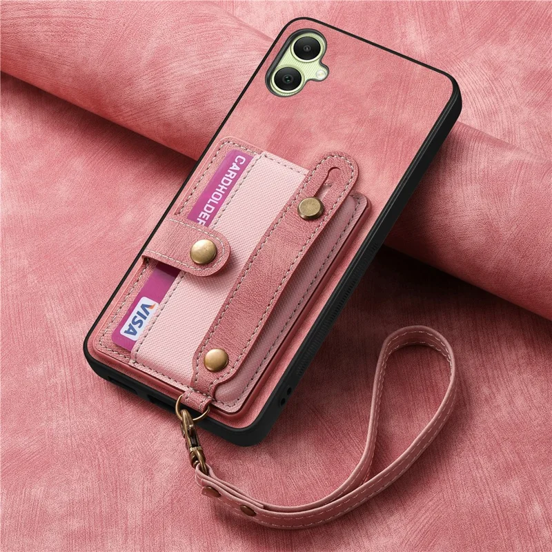 For Samsung Galaxy A06 4G Case Wristband Kickstand PU Leather Retro Back Cover Card Holder - Pink
