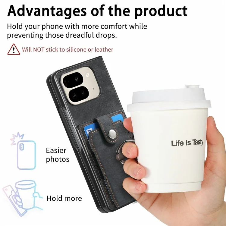 Custodia per Google Pixel 9 Pro Fold 5G con supporto, in pelle e PC, antiscivolo e protettiva, con slot per schede - Nero